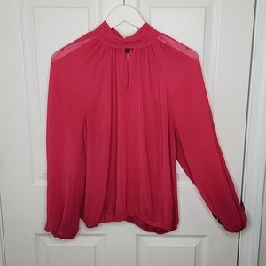 New York & Co. bright pink sheer longsleeve blouse top key hole delicate